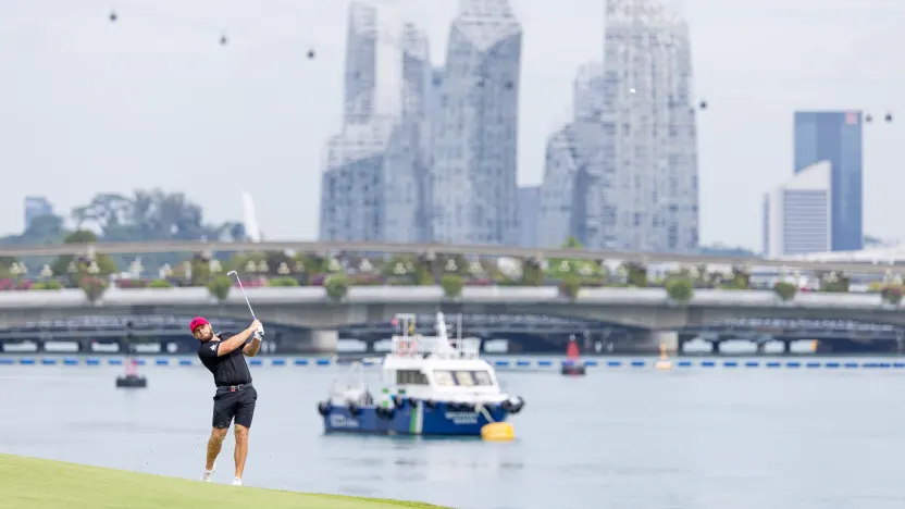 Tyrrell Hatton of Legion XIII hits his shot on the 15th hole during the final round of LIV Golf Singapore at Sentosa Golf Club on Sunday, March 16, 2025 in Sentosa, Singapore. (Photo by Chris Trotman/LIV Golf)