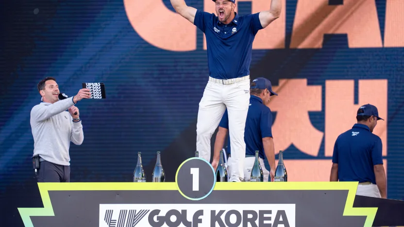 LIV Golf Announcer, Jason Zone Fisher announces First place individual champion, Captain Bryson DeChambeau of Crushers GC during the trophy ceremony after the final round of LIV Golf Korea at Jack Nicklaus Golf Club on Sunday, May 04, 2025 in Incheon, South Korea. (Photo by Mateo Villalba/LIV Golf)