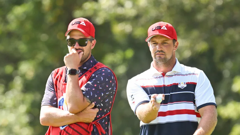Bryson DeChambeau and caddie, Greg Bodine, of Team USA are seen during the singles match play of the Ryder Cup at Bethpage Black Golf Course on Sunday, September 28, 2025 in Farmingdale, New York. (Photo by Charles Laberge/LIV Golf)