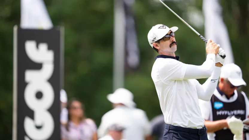 Cameron Tringale of HyFlyers GC hits his shot on the driving range during the first round of LIV Golf Virginia at Robert Trent Jones Golf Club on Friday, June 06, 2025 in Gainesville, Virginia. (Photo by Mateo Villalba/LIV Golf)
