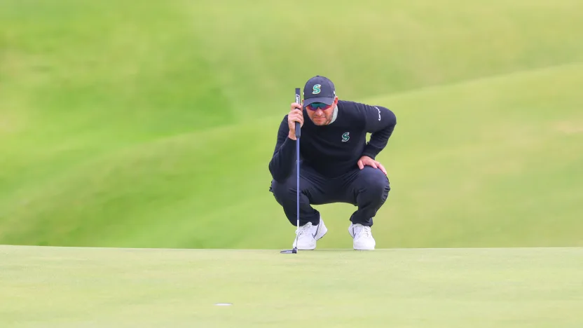 Dean Burmester of Stinger GC lines up a putt on the sixth green during the second round of The Open Championship at Royal Portrush Golf Club on Friday, July 18, 2025 in Portrush, Northern Ireland. (Photo by Chris Trotman/LIV Golf)