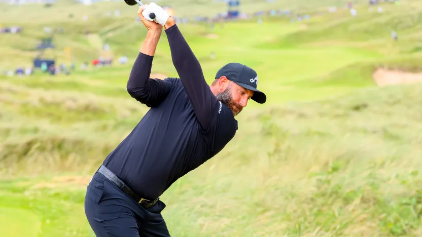 Captain Dustin Johnson of 4Aces GC hits his shot from the seventh tee during the first round of The Open Championship at Royal Portrush Golf Club on Thursday, July 17, 2025 in Portrush, Northern Ireland. (Photo by Chris Trotman/LIV Golf)