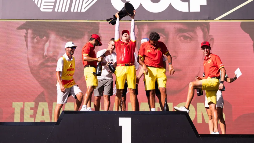 Abraham Ancer of Fireballs GC, Captain Sergio Garcia of Fireballs GC, Eugenio Chacarra of Fireballs GC and David Puig of Fireballs GC celebrate on stage at the trophy ceremony after the final round of LIV Golf Andalucía at Real Club Valderrama on Sunday, July 14, 2024 in San Roque, Spain. (Photo by Pedro Salado/LIV Golf)