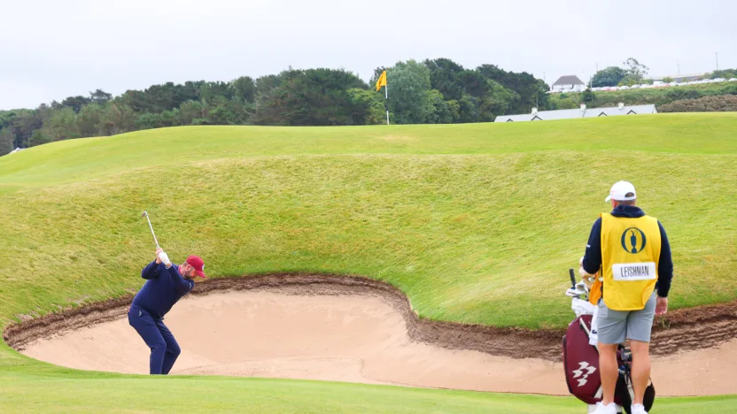 Marc Leishman of Ripper GC hits his shot from a bunker on the 14th hole during the second round of The Open Championship at Royal Portrush Golf Club on Friday, July 18, 2025 in Portrush, Northern Ireland. (Photo by Chris Trotman/LIV Golf)