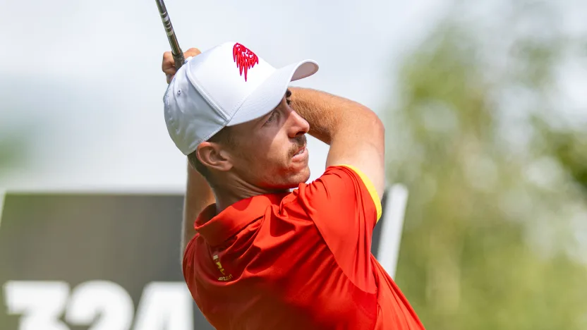 David Puig of Fireballs GC hits his shot from the 12th tee during the second round of LIV Golf United Kingdom at JCB Golf & Country Club on Saturday, July 26, 2025 in Rocester, England. (Photo by Charles Laberge/LIV Golf)