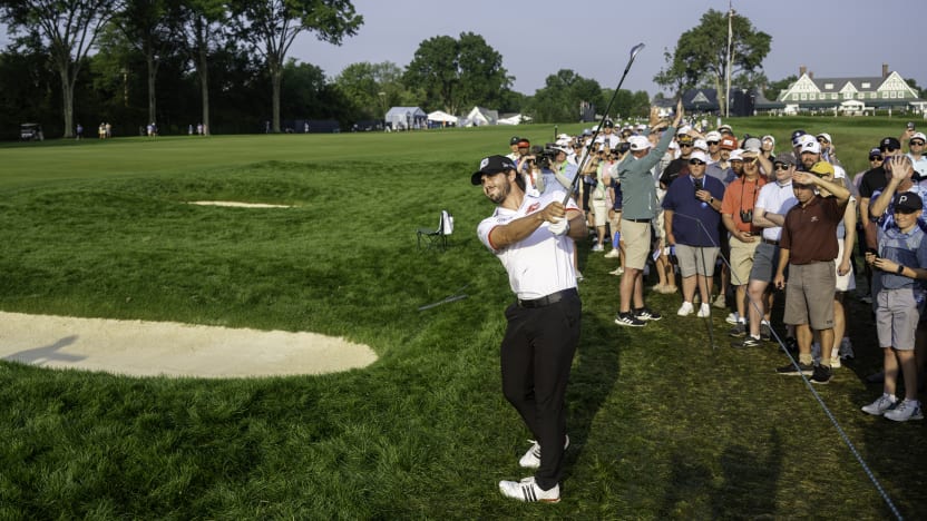 Josele Ballester of Fireballs GC hits his shot from the rough on the first hole during the first round of the US Open at Oakmont Country Club on Thursday, June 12, 2025 in Oakmont, Pennsylvania. (Photo by Charles Laberge/LIV Golf)