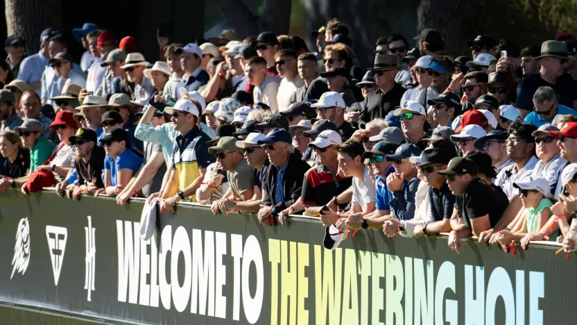 Fans seen at the watering hole on the 12th green during the first round of LIV Golf Adelaide at the Grange Golf Club on Friday, Apr. 21, 2023 in Adelaide, Australia. (Photo by Montana Pritchard/LIV Golf)