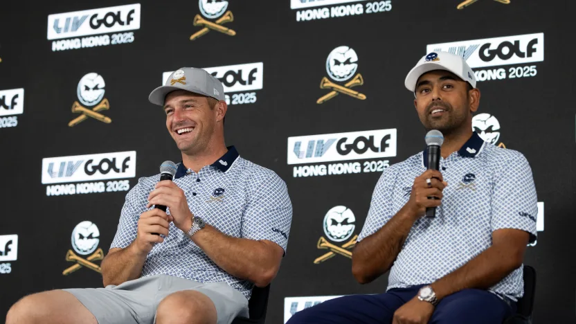 Captain Bryson DeChambeau of Crushers GC and Anirban Lahiri of Crushers GC speak at a press conference during the practice round before the start of LIV Golf Hong Kong at Hong Kong Golf Club Fanling on Wednesday, March 05, 2025 in Fanling, Hong Kong. (Photo by Chris Trotman/LIV Golf)