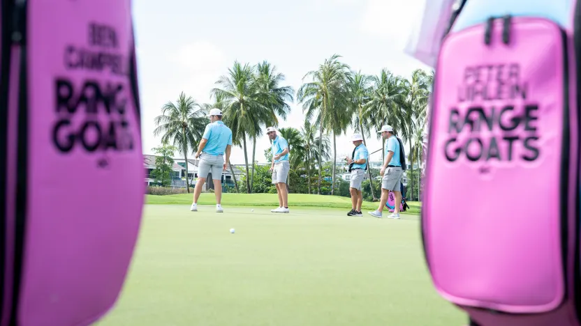 Ben Campbell of RangeGoats GC, Matthew Wolff of RangeGoats GC, caddie, Mike Howell, and caddie, Nick Heinen, seen during the practice round before the start of LIV Golf Singapore at Sentosa Golf Club on Wednesday, March 12, 2025 in Sentosa, Singapore. (Photo by Charles Laberge/LIV Golf)