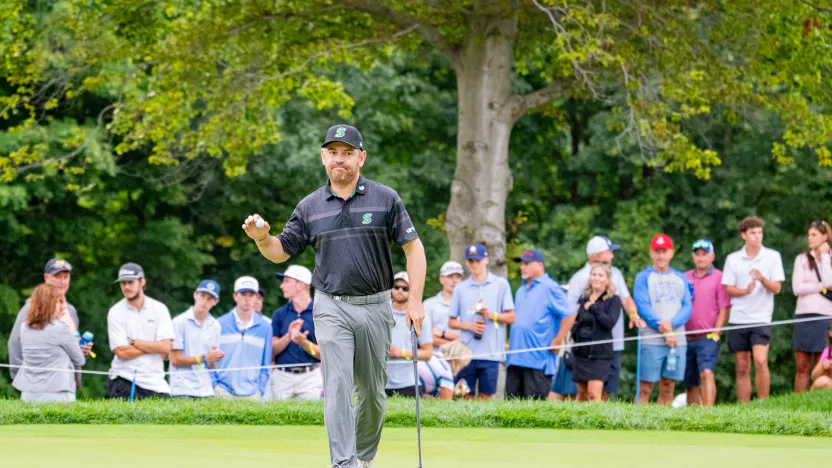 Captain Louis Oosthuizen of Stinger GC reacts to his putt on the 15th green during the semifinals of LIV Golf Team Championship Michigan at The Cardinal at Saint John’s on Saturday, August 23, 2025 in Plymouth, MIchigan. (Photo by Charles Laberge/LIV Golf)