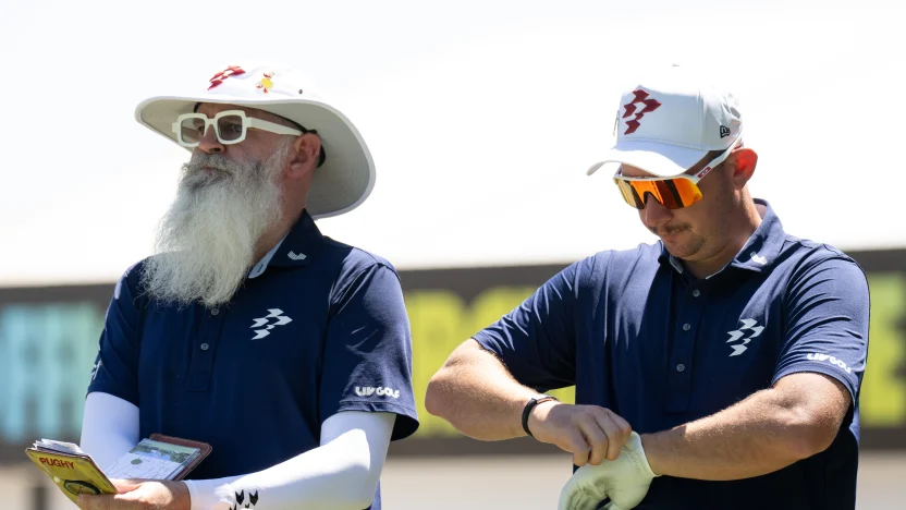 Lucas Herbert of Ripper GC and caddie, Nick Pugh, are seen on the 10th tee during the practice round before the start of LIV Golf Adelaide at Grange Golf Club on Tuesday, February 11, 2025 in Adelaide, Australia. (Photo by Matthew Harris/LIV Golf)