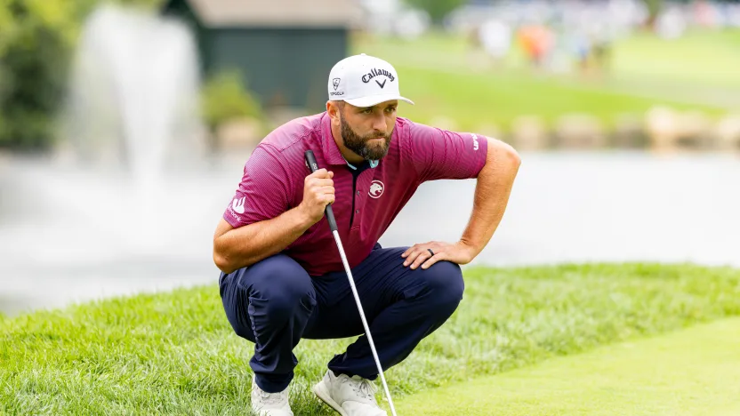 Captain Jon Rahm of Legion XIII lines up a putt on the third green during the semifinals of LIV Golf Team Championship Michigan at The Cardinal at Saint John’s on Saturday, August 23, 2025 in Plymouth, MIchigan. (Photo by Scott Taetsch/LIV Golf)