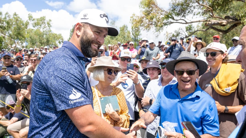 Captain Jon Rahm of Legion XIII greets fans during the first round of LIV Golf Adelaide at Grange Golf Club on Friday, February 14, 2025 in Adelaide, Australia. (Photo by Charles Laberge/LIV Golf)