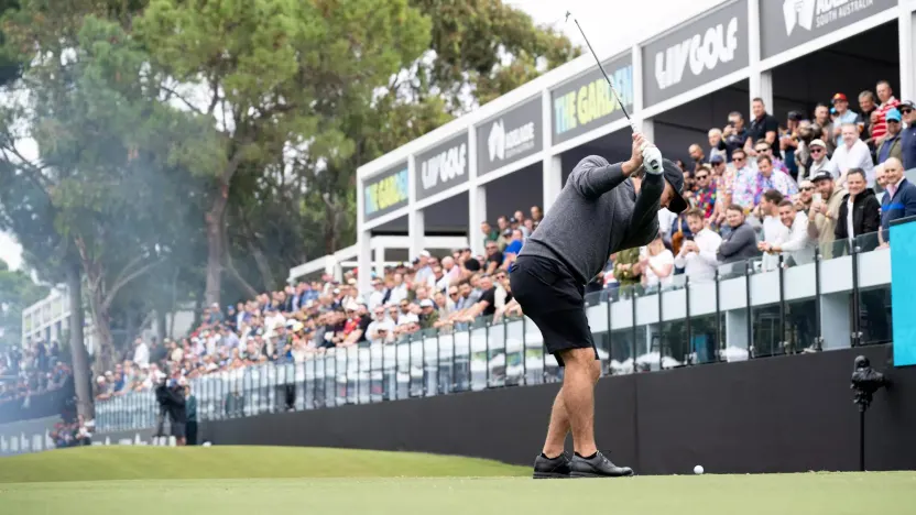 Mito Pereira of Torque GC hits his shot from the 12th tee during the first round of LIV Golf Adelaide at the Grange Golf Club on Friday, April 26, 2024 in Adelaide, Australia. (Photo by Charles Laberge/LIV Golf)