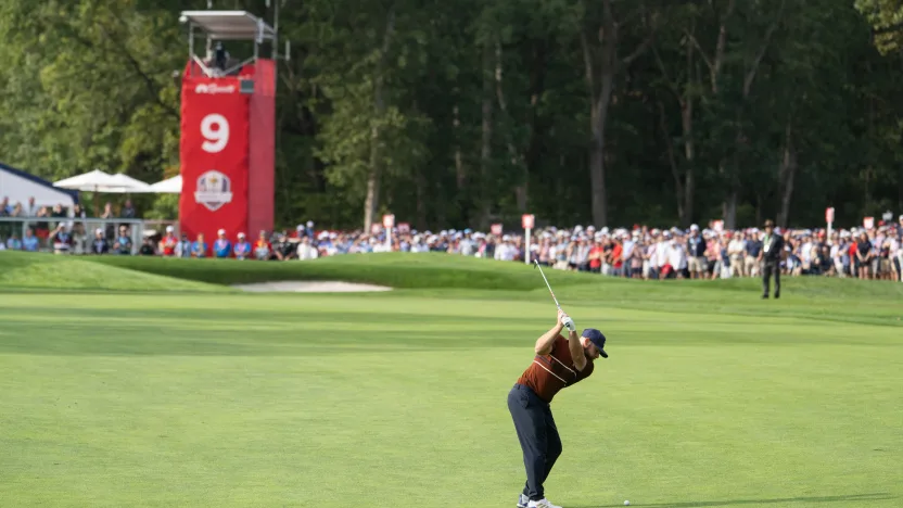 Tyrrell Hatton of Team Europe hits his shot on the ninth fairway during the morning foursomes of the Ryder Cup at Bethpage Black Golf Course on Saturday, September 27, 2025 in Farmingdale, New York. (Photo by Charles Laberge/LIV Golf)