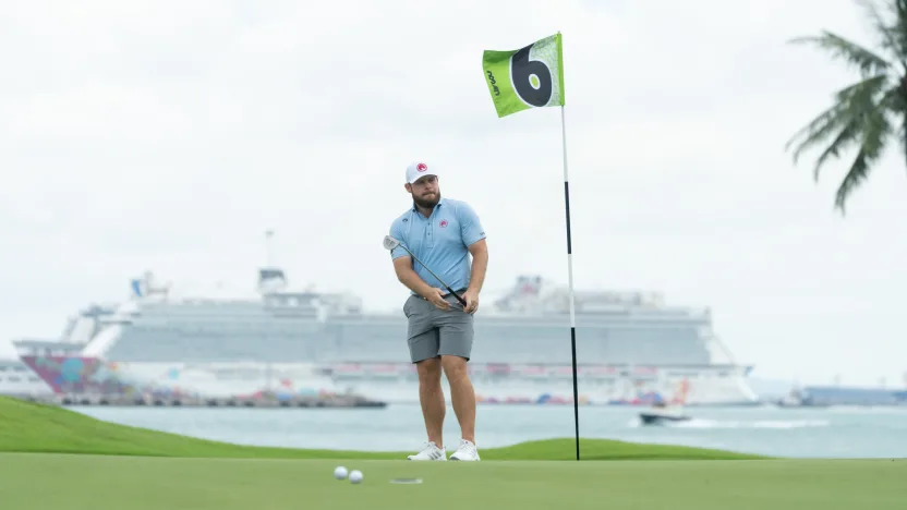 Tyrrell Hatton of Legion XIII putts on the sixth green during the practice round before the start of LIV Golf Singapore at Sentosa Golf Club on Tuesday, March 11, 2025 in Sentosa, Singapore. (Photo by Mike Stobe/LIV Golf)