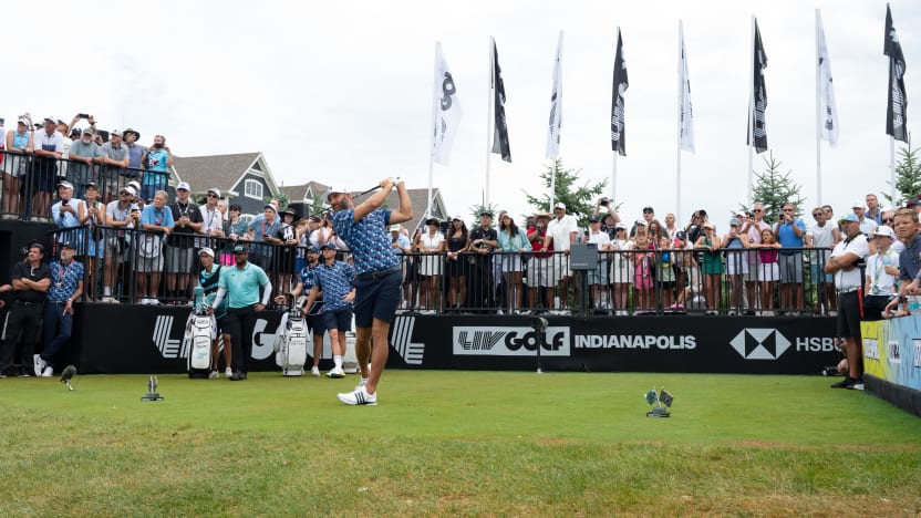 Actors, Nicole Ari Parker and AJ Calloway, Infulencer and podcast host, Sarah Fontenot, American Jeweler, Ben Baller, Golf Infulencer, Nikki Blades, Former NBA point guard, Jay Williams, and American Journalist, Roland Martin watch as Captain Dustin Johnson of 4Aces GC hits his shot from the first tee during the final round of LIV Golf Indianapolis at The Club at Chatham Hills on Sunday, August 17, 2025 in Westfield, Indiana. (Photo by LIV Golf)