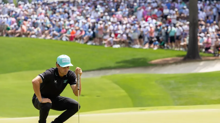 Captain Joaquín Niemann of Torque GC reads his putt on the first green during the third round of the 2025 PGA Championship at Quail Hollow Club on Saturday, May 17, 2025 in Charlotte, North Carolina. (Photo by Jon Ferrey/LIV Golf)