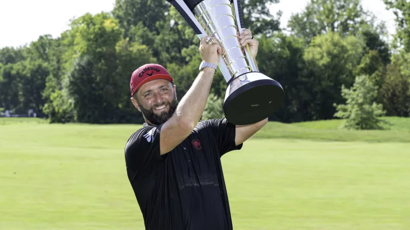 2025, Individual champion, Captain Jon Rahm of Legion XIII poses for a photo with the trophy after the final round of LIV Golf Indianapolis at The Club at Chatham Hills on Sunday, August 17, 2025 in Westfield, Indiana. (Photo by Montana Pritchard/LIV Golf)