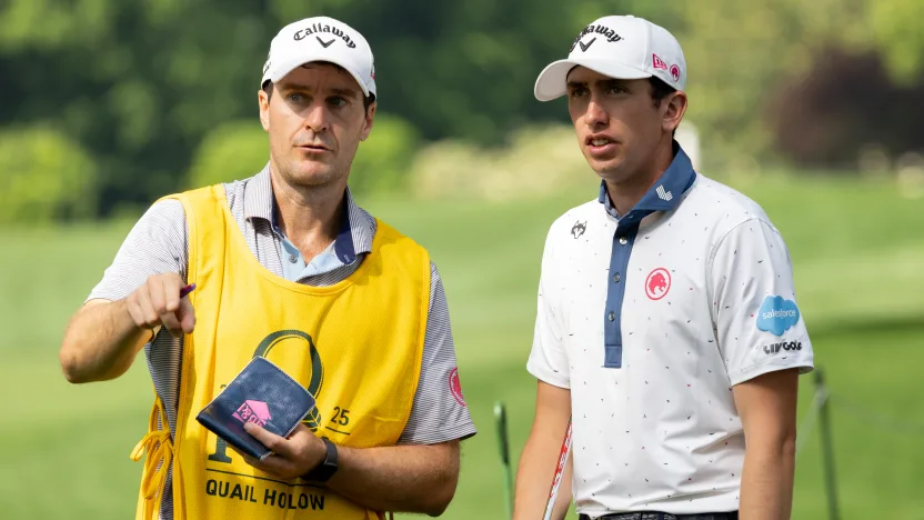 Tom McKibbin of Legion XIII and caddie, Ricky McCormick, are seen during the second round of the 2025 PGA Championship at Quail Hollow Club on Friday, May 16, 2025 in Charlotte, North Carolina. (Photo by Jon Ferrey/LIV Golf)