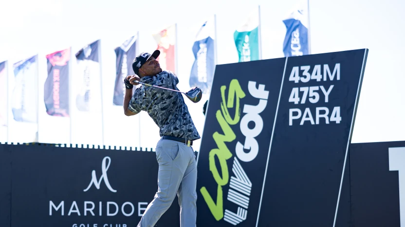 Sebastián Muñoz of Torque GC hits his shot from the 12th tee during the practice round before the start of LIV Golf Dallas at Maridoe Golf Club on Tuesday, June 24, 2025 in Carrollton, Texas. (Photo by Chris Trotman/LIV Golf)