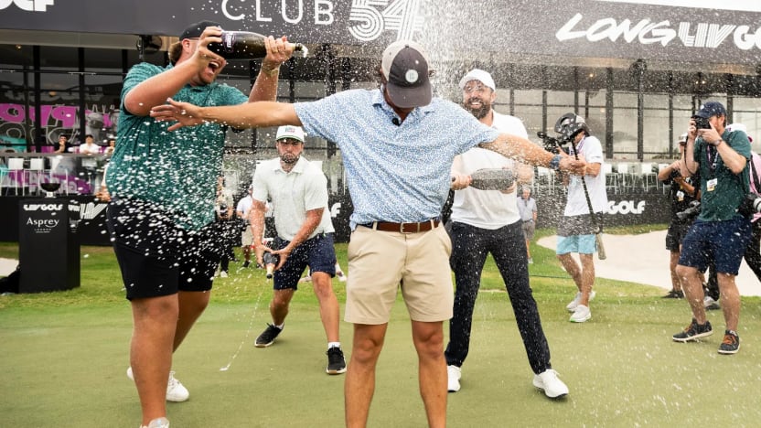 Content creator, George Bryan, is sprayed with champagne on the 18th green after winning first place in The Duels before the start of LIV Golf Miami at Trump National Doral on Thursday, April 03, 2025 in Miami, Florida. (Photo by Charles Laberge/LIV Golf)