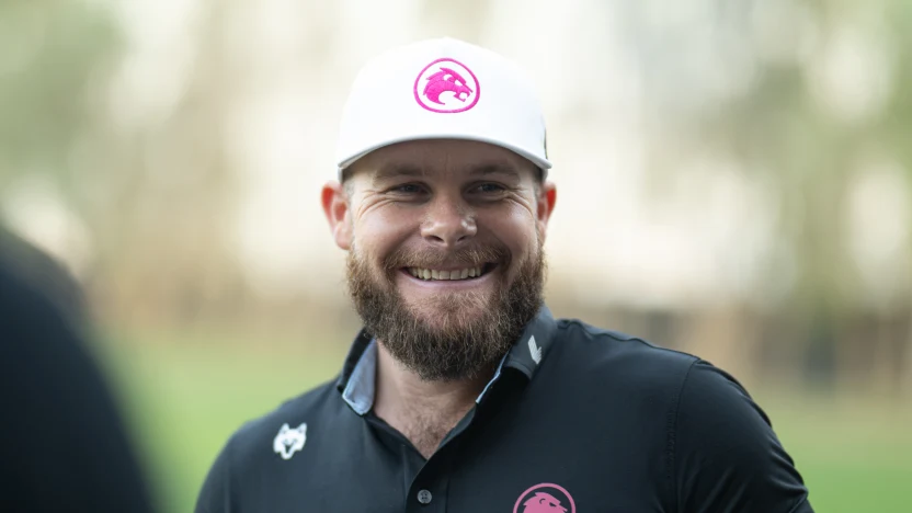 Tyrrell Hatton of Legion XIII smiles on the driving range before the final round of LIV Golf Riyadh at Riyadh Golf Club on Saturday, February 08, 2025 in Riyadh, Saudi Arabia. (Photo by Charles Laberge/LIV Golf)