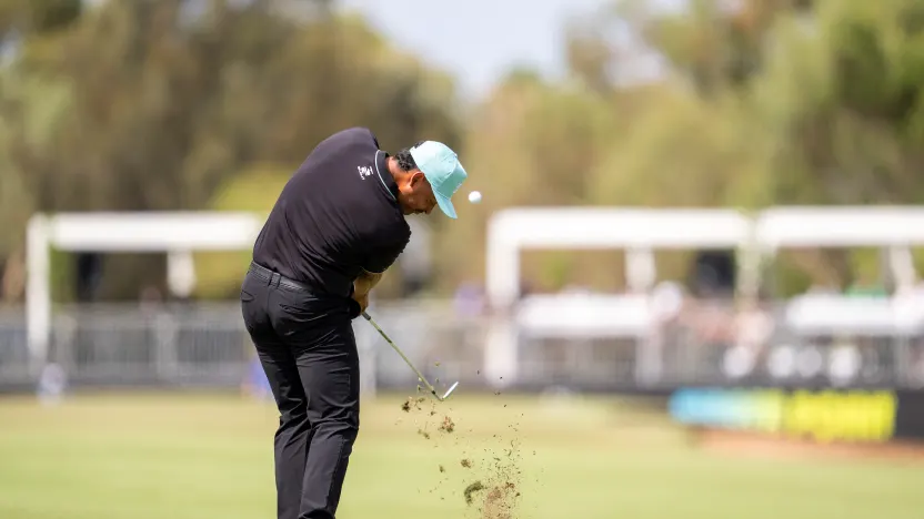 Sebastián Muñoz of Torque GC hits his shot from the 13th fairway during the final round of LIV Golf Adelaide at Grange Golf Club on Sunday, February 16, 2025 in Adelaide, Australia. (Photo by Mateo Villalba/LIV Golf)