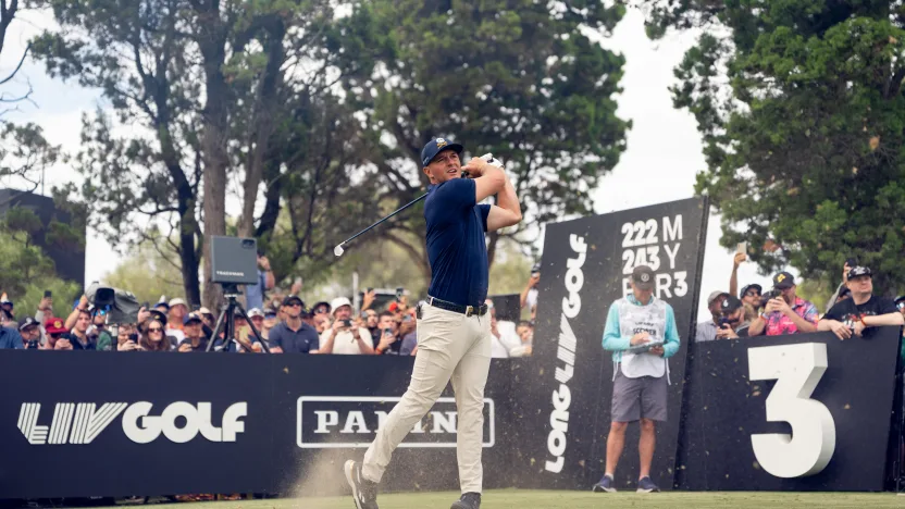 Captain Bryson DeChambeau of Crushers GC hits his shot from the third tee during the final round of LIV Golf Adelaide at Grange Golf Club on Sunday, February 16, 2025 in Adelaide, Australia. (Photo by Pedro Salado/LIV Golf)