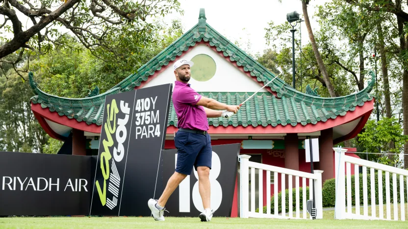 Captain Jon Rahm of Legion XIII hits his shot from the 18th tee during the practice round before the start of LIV Golf Hong Kong at Hong Kong Golf Club Fanling on Tuesday, March 04, 2025 in Fanling, Hong Kong. (Photo by Charles Laberge/LIV Golf)