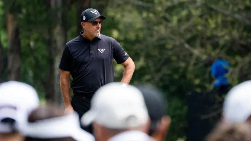 Captain Phil Mickelson of HyFlyers GC waits on the fourth green during the final round of LIV Golf Hong Kong at Hong Kong Golf Club Fanling on Sunday, March 09, 2025 in Fanling, Hong Kong. (Photo by Mike Stobe/LIV Golf)