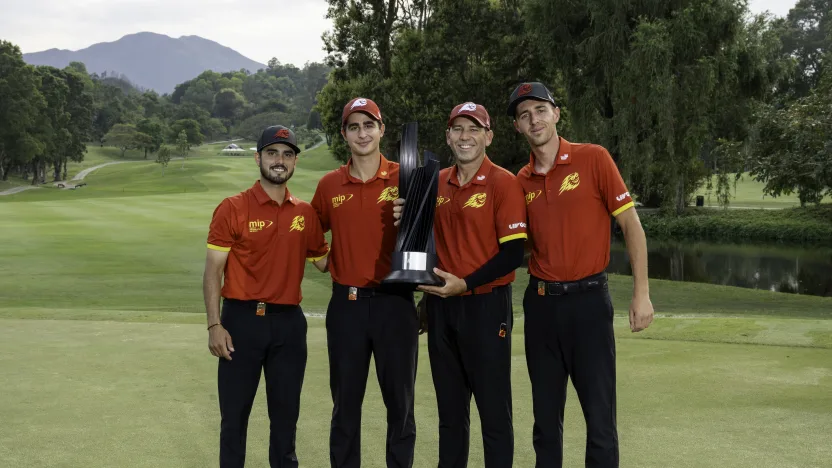 First place team champions, Captain Sergio Garcia of Fireballs GC, Luis Masaveu of Fireballs GC, Abraham Ancer of Fireballs GC and David Puig of Fireballs GC pose for a photo with the Team trophy after the final round of LIV Golf Hong Kong at Hong Kong Golf Club Fanling on Sunday, March 09, 2025 in Fanling, Hong Kong. (Photo by Montana Pritchard/LIV Golf)