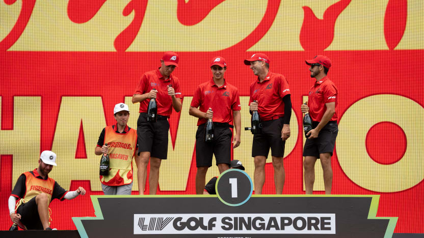 First place team champions, David Puig of Fireballs GC, Luis Masaveu of Fireballs GC, Captain Sergio Garcia of Fireballs GC and Abraham Ancer of Fireballs GC celebrate on stage at the trophy ceremony during the final round of LIV Golf Singapore at Sentosa Golf Club on Sunday, March 16, 2025 in Sentosa, Singapore. (Photo by Mateo Villalba/LIV Golf)