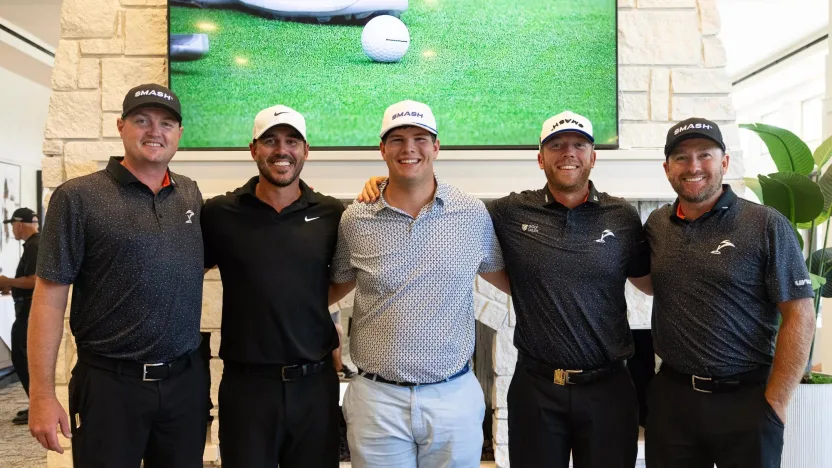 Jason Kokrak of Smash GC, Captain Brooks Koepka of Smash GC, Talor Gooch of Smash GC and Graeme McDowell of Smash GC pose for a photo with the Smash for Success Scholarship recipient during the pro-am before the start of LIV Golf Houston at Golf Club of Houston on Thursday, June 06, 2024 in Humble, Texas. (Photo by LIV Golf)