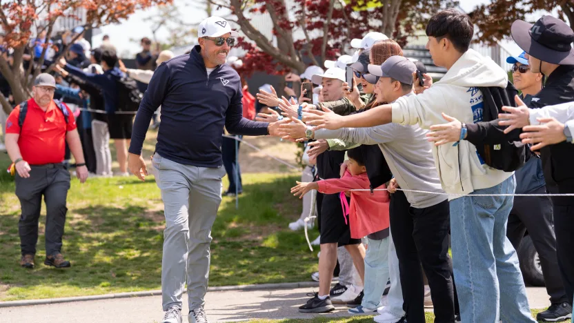Captain Phil Mickelson of HyFlyers GC high fives fans during the first round of LIV Golf Korea at Jack Nicklaus Golf Club on Friday, May 02, 2025 in Incheon, South Korea. (Photo by Mateo Villalba/LIV Golf)