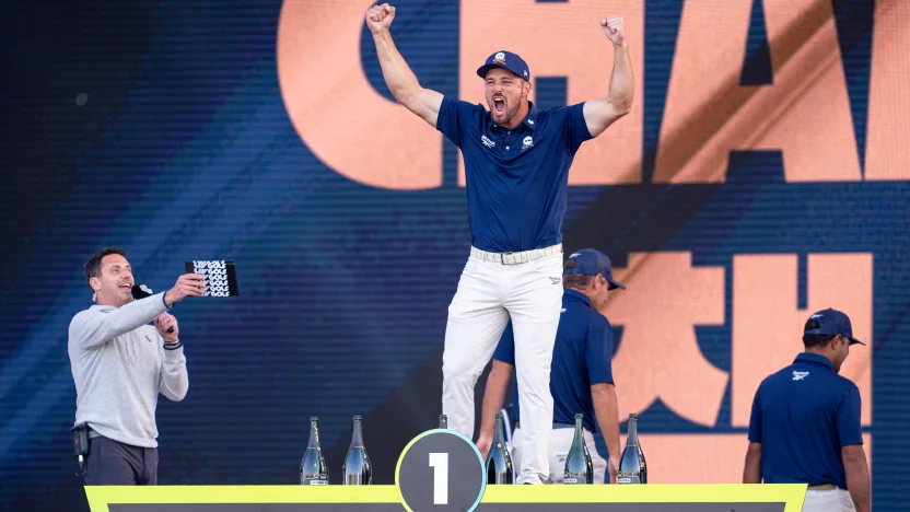LIV Golf Announcer, Jason Zone Fisher announces First place individual champion, Captain Bryson DeChambeau of Crushers GC during the trophy ceremony after the final round of LIV Golf Korea at Jack Nicklaus Golf Club on Sunday, May 04, 2025 in Incheon, South Korea. (Photo by Mateo Villalba/LIV Golf)