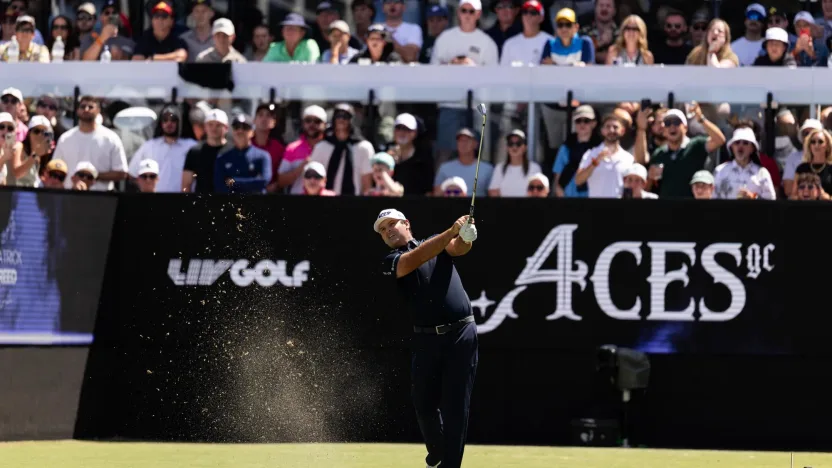 Patrick Reed of 4Aces GC hits his shot from the first tee during the final round of LIV Golf Adelaide at Grange Golf Club on Sunday, February 16, 2025 in Adelaide, Australia. (Photo by Scott Taetsch/LIV Golf)