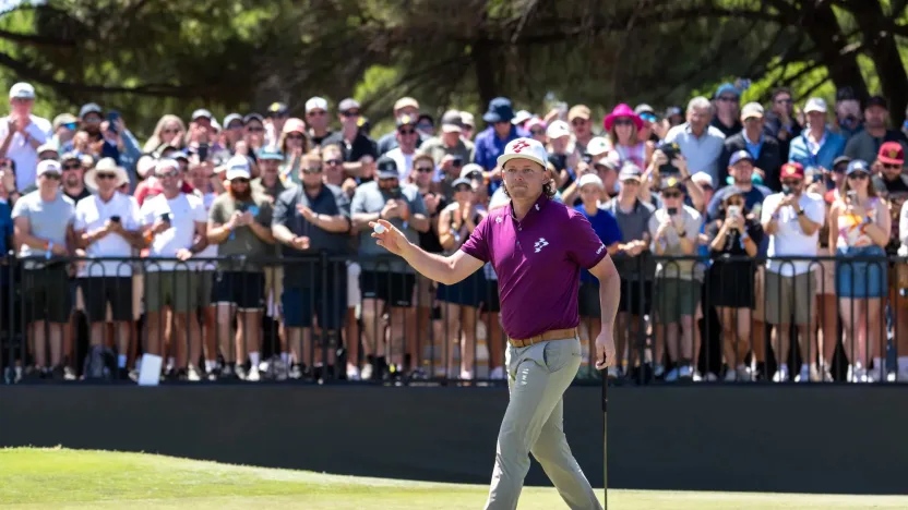 Captain Cameron Smith of Ripper GC reacts to his putt on the 12th green during the final round of LIV Golf Adelaide at Grange Golf Club on Sunday, February 16, 2025 in Adelaide, Australia. (Photo by Charles Laberge/LIV Golf)