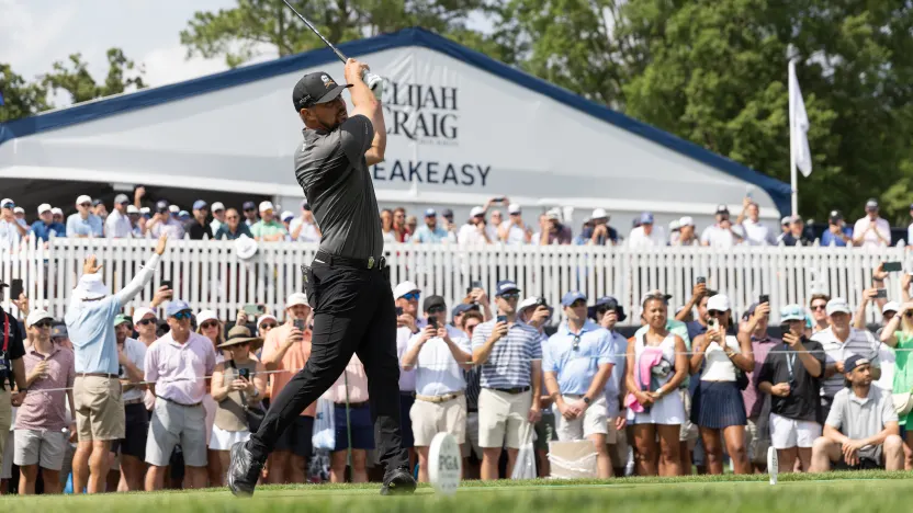 Captain Bryson DeChambeau of Crushers GC hits his shot from the 10th tee during the first round of the 2025 PGA Championship at Quail Hollow Club on Thursday, May 15, 2025 in Charlotte, North Carolina. (Photo by Jon Ferrey/LIV Golf)