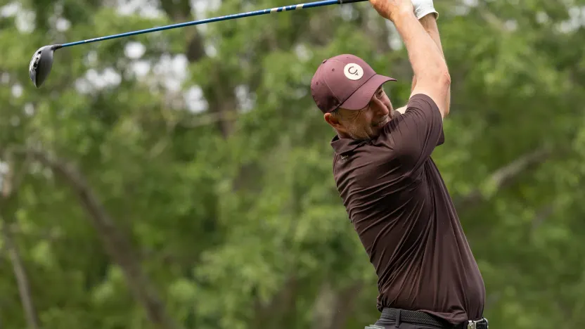 Richard Bland of Cleeks GC hits his shot from the ninth tee during the second round of the 2025 PGA Championship at Quail Hollow Club on Friday, May 16, 2025 in Charlotte, North Carolina. (Photo by Jon Ferrey/LIV Golf)