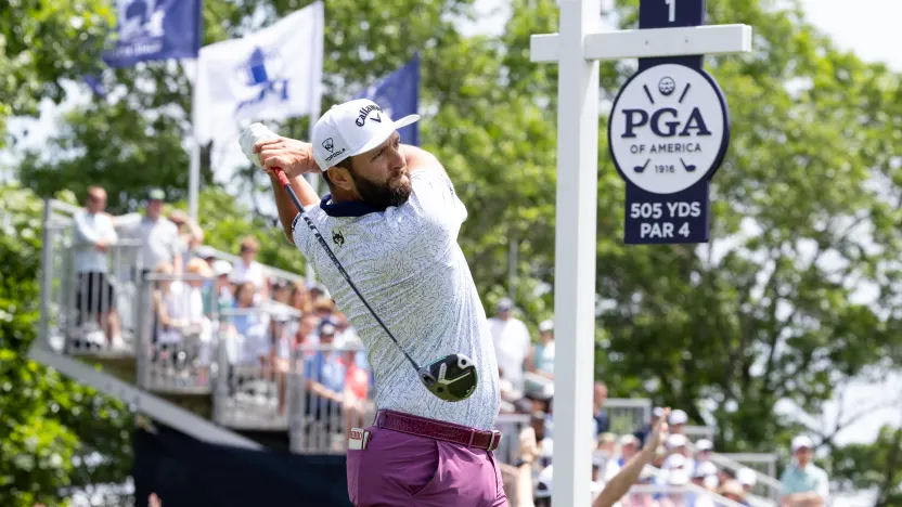 Captain Jon Rahm of Legion XIII hits his shot from the first tee during the third round of the 2025 PGA Championship at Quail Hollow Club on Saturday, May 17, 2025 in Charlotte, North Carolina. (Photo by Jon Ferrey/LIV Golf)