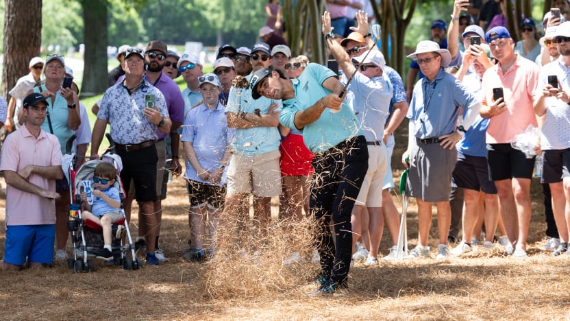 Captain Joaquín Niemann of Torque GC hits his shot from the rough on the second hole during the final round of the 2025 PGA Championship at Quail Hollow Club on Sunday, May 18, 2025 in Charlotte, North Carolina. (Photo by Jon Ferrey/LIV Golf)