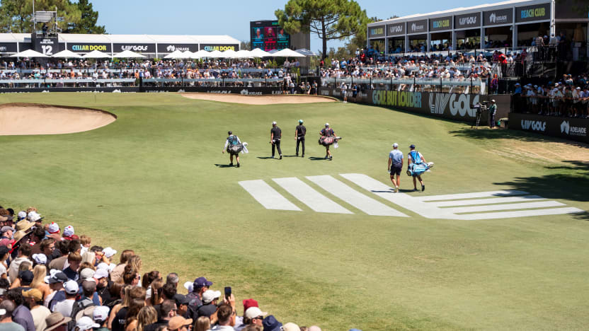 Captain Jon Rahm of Legion XIII, Sam Horsfield of Majesticks GC and Captain Joaquín Niemann of Torque GC walk the 12th hole during the final round of LIV Golf Adelaide at Grange Golf Club on Sunday, February 16, 2025 in Adelaide, Australia. (Photo by Mateo Villalba/LIV Golf)