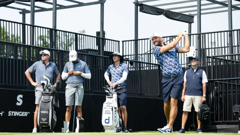 Captain Dustin Johnson of 4Aces GC hits his shot from the first tee during the practice round before the start of LIV Golf Virginia at Robert Trent Jones Golf Club on Tuesday, June 03, 2025 in Gainesville, Virginia. (Photo by Charles Laberge/LIV Golf)