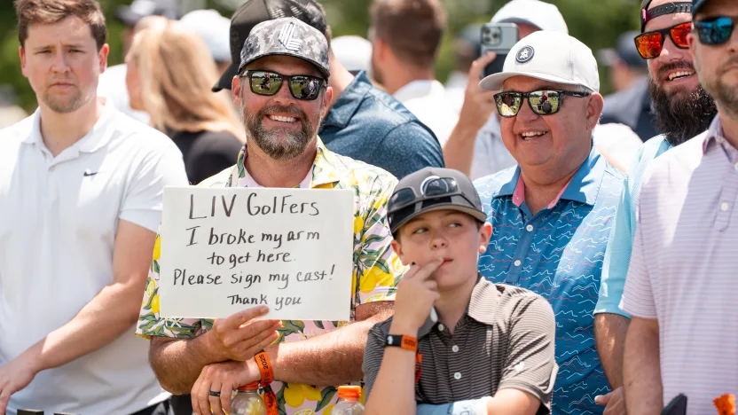 Fan sign seen on the first tee during the second round of LIV Golf Virginia at Robert Trent Jones Golf Club on Saturday, June 07, 2025 in Gainesville, Virginia. (Photo by Pedro Salado/LIV Golf)