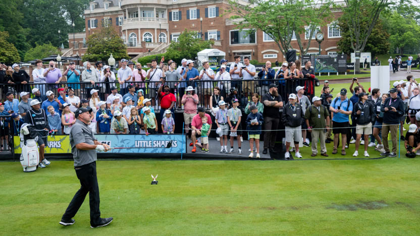 Captain Phil Mickelson of HyFlyers GC hits his shot from the first tee during the final round of LIV Golf Virginia at Robert Trent Jones Golf Club on Sunday, June 08, 2025 in Gainesville, Virginia. (Photo by Charles Laberge/LIV Golf)