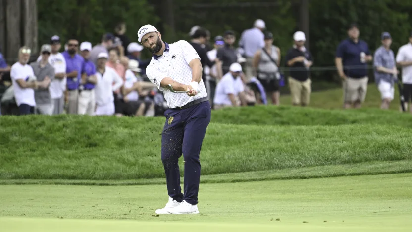 Captain Jon Rahm of Legion XIII hits his shot from the second fairway during the final round of the US Open at Oakmont Country Club on Sunday, June 15, 2025 in Oakmont, Pennsylvania. (Photo by Charles Laberge/LIV Golf)