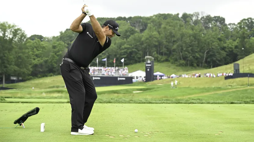 Patrick Reed of 4Aces GC hits his shot from the sixth tee during the final round of the US Open at Oakmont Country Club on Sunday, June 15, 2025 in Oakmont, Pennsylvania. (Photo by Charles Laberge/LIV Golf)