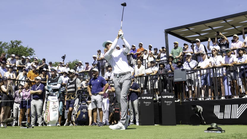 Carlos Ortiz of Torque GC hits his shot from the first tee during the first round of LIV Golf Dallas at Maridoe Golf Club on Friday, June 27, 2025 in Carrollton, Texas. (Photo by Oliver Brady/LIV Golf)