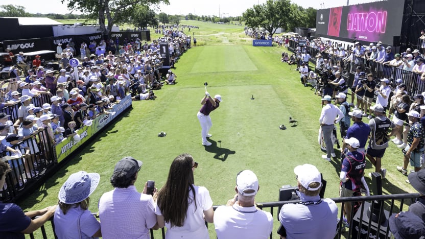 Tyrrell Hatton of Legion XIII hits his shot from the first tee during the first round of LIV Golf Dallas at Maridoe Golf Club on Friday, June 27, 2025 in Carrollton, Texas. (Photo by Charles Laberge/LIV Golf)